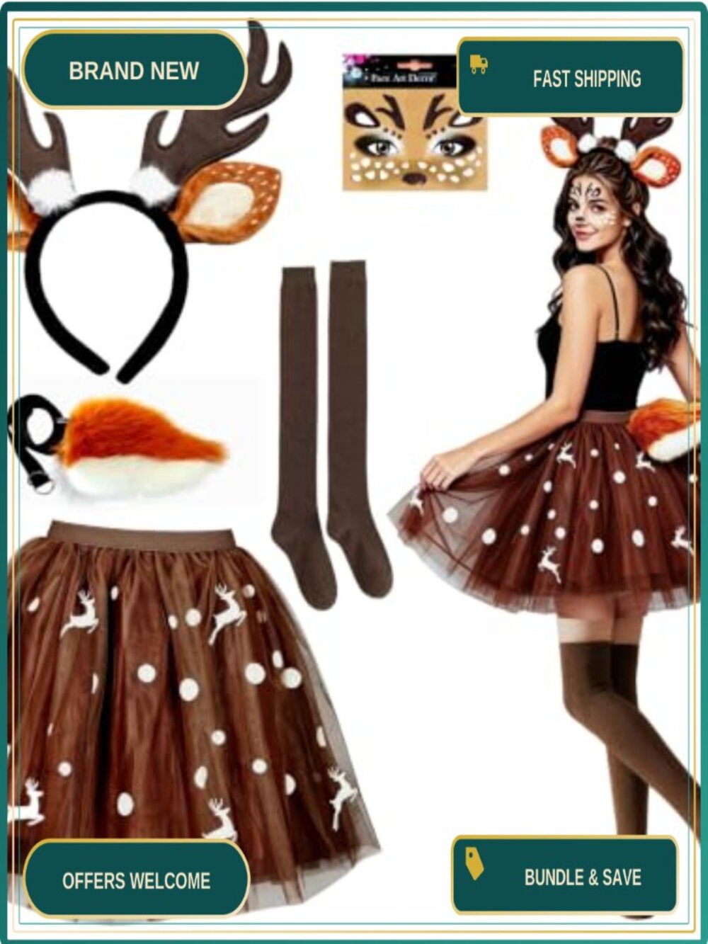 Reindeer Costume Set Women Deer Antlers Headband Tutu Tail Socks Halloween